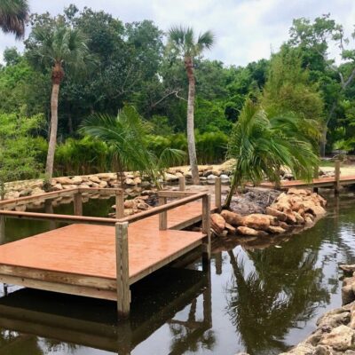 Custom Backyard pond dock, observation deck and bulkhead